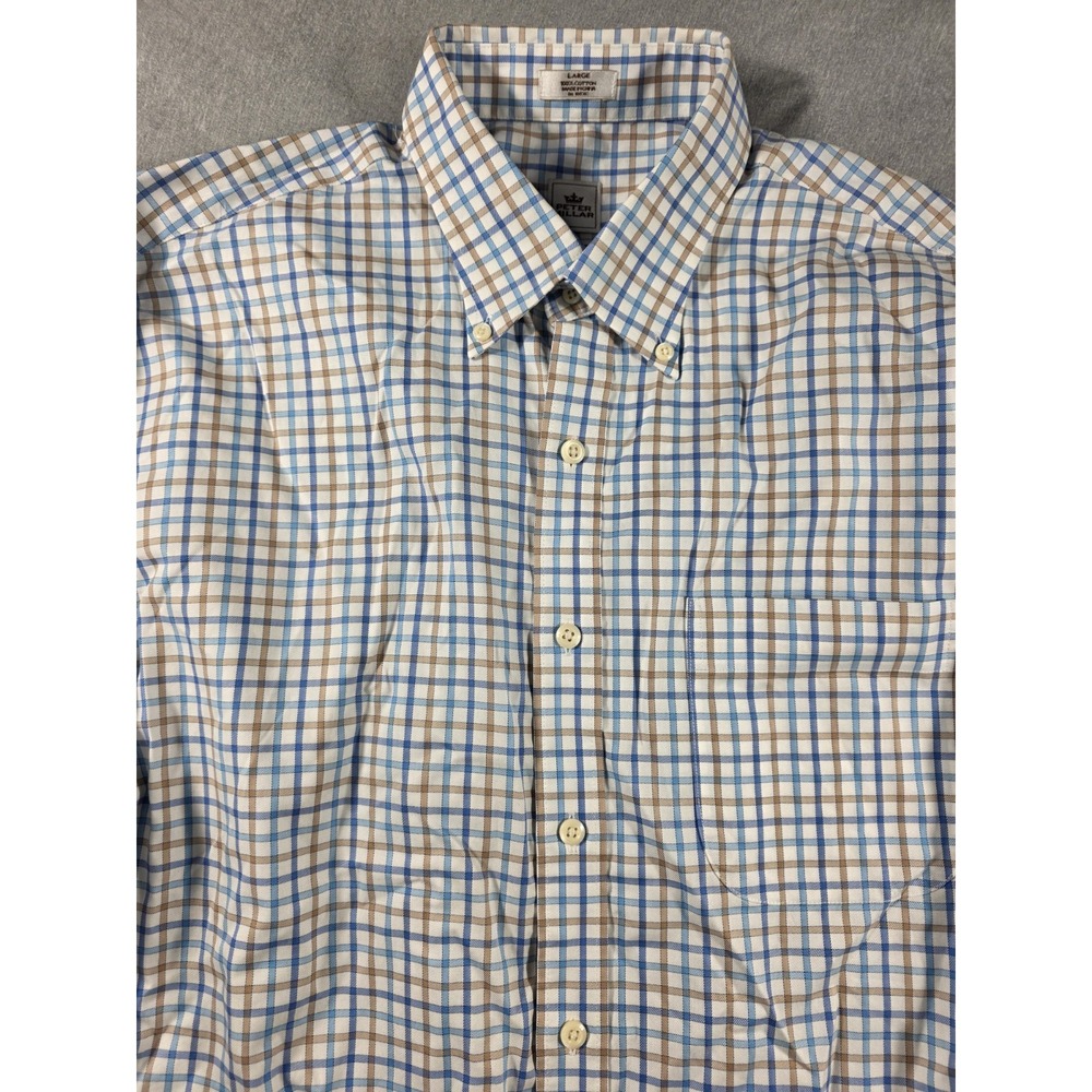 Peter Millar Shirt Men's Large Nanoluxe Easy Care Check Blue White Tan Button Up